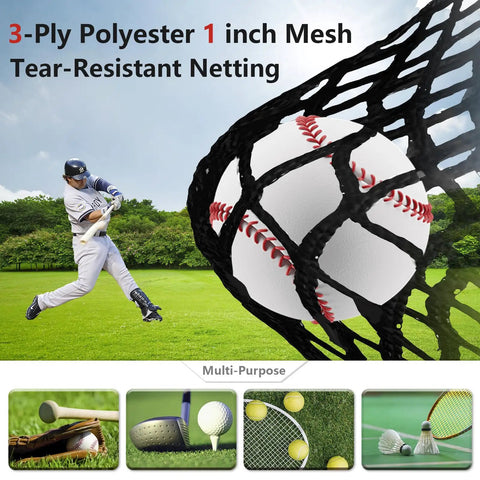 Backyard Baseball Batting Cage 30x13x9 Ft with pitching hole featuring a 1 inch polyester net capturing a baseball in motion.