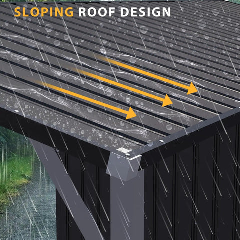 Sloping roof of 2 In 1 Outdoor Storage Shed And Gazebo Combo With Lean To And Pergola showcasing rainwater drainage.