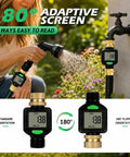 Water Flow Meter For RV With Brass Inlet And 180 Degree Rotating LCD Display Measures Gallon And Liter With Five Percent Accuracy Compatible With Three Quarter Inch Garden Hose Fittings Heavy Duty Brass Construction on garden hose