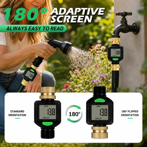 Water Flow Meter For RV With Brass Inlet And 180 Degree Rotating LCD Display Measures Gallon And Liter With Five Percent Accuracy Compatible With Three Quarter Inch Garden Hose Fittings Heavy Duty Brass Construction on garden hose