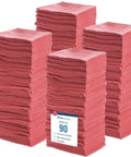 Premium Cotton Shop Towels 14x12 Inches 90-Count Reusable Cleaning Rags For Auto, Garage, Home And Industry Absorbent Grease Oil Spill Cleanup With Premium Recycled Fibers Red stacked in piles