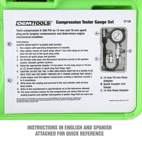 Compression tester gauge set instructions in English and Spanish attached for Garage Ready Compression Tester Gauge Set.
