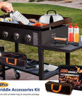 Front view of 18-piece griddle accessories kit for Blackstone with burger press and stainless spatulas on outdoor grill