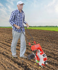 Man using Six Row Manual Seed Planter Push Seeder for Precision Planting Corn, Soybeans, and Peanuts with Galvanized Nozzles