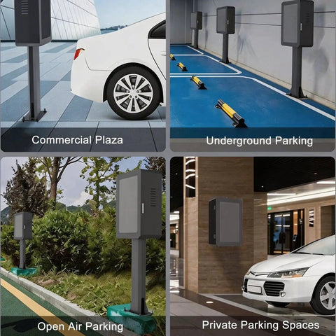 Heavy Duty Outdoor EV Charger Enclosure With Pedestal Stand All Season Lock Box For Electric Cars in commercial plaza.