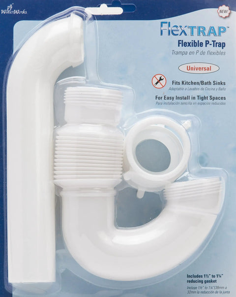 FlexTRAP Expandable P Trap Universal Drain Connector Fit 1 1/2 Inch Or 1 1/4 Inch With 1 1/2 Inch Reducing Gaskets in packaging