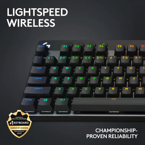 Top Shelf Tenkeyless Wireless Gaming Keyboard With Snappy Tactile Switches And Blazing Lightspeed Response For Crushing Every Ranked Match In Polished Black Frame, showing RGB keys.