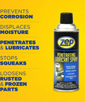 Industrial Strength Penetrating Lubricant Spray For Bolts Screws Nuts And Locks 12 oz can with features on yellow background