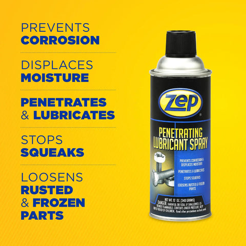 Industrial Strength Penetrating Lubricant Spray For Bolts Screws Nuts And Locks 12 oz can with features on yellow background