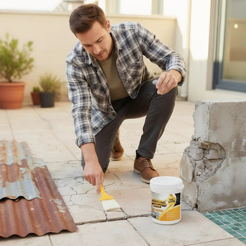 Person applying Clear Water Based Roof Sealant Quick Dry Leak Patch Brush On Waterproof Film High Bond Repair For Multi Crack Protection And Weather Resistant Barrier System on concrete
