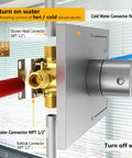 Close-up of brass mixer for Rain Shower System with Waterfall Tub Spout, showing NPT 1/2 inch connections for easy install.