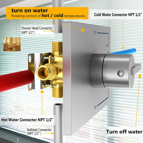 Close-up of brass mixer for Rain Shower System with Waterfall Tub Spout, showing NPT 1/2 inch connections for easy install.