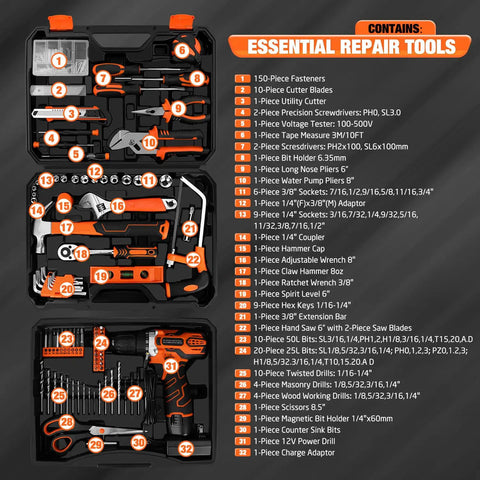 Open 255-piece tool set with 12V cordless drill in orange toolbox, showing various repair tools and parts in organized compartments.