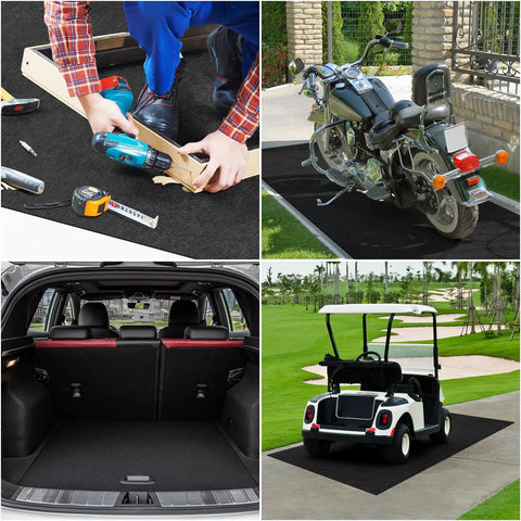 4 Pack 36 By 72 Inch Oil Spill Mats For Under Car And Garage Drips Absorbent Pads With Rubber Backing shown in various uses