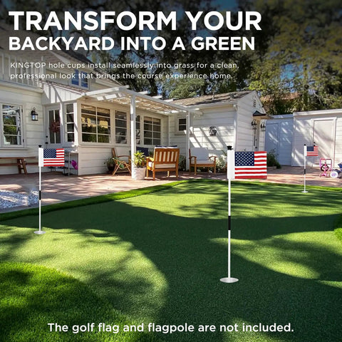 Golf Hole Cup Set 4 Inch Tall, PGA USGA Standard, shown installed on backyard practice putting green
