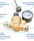 Front view: Camco adjustable RV/marine brass water pressure regulator with gauge and garden hose fittings