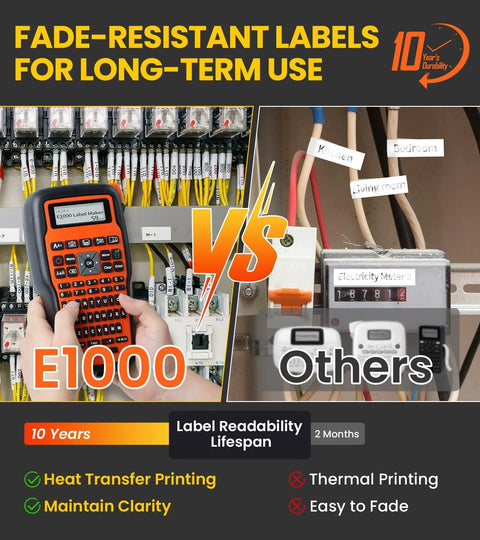 Heat Shrink Label Maker Pro Grade Kit With 12mm Tape For Cable ID Waterproof Wire Labels: E1000 label maker on electrical panel