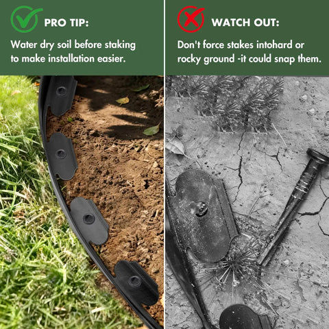 1.5 Inch Tall Garden Edging Kit With 40 Ft Flexible Landscape Coil And 40 Spikes For Yard, Lawn And Flower Beds DIY Friendly Durable Plastic Border Edging being installed in soil