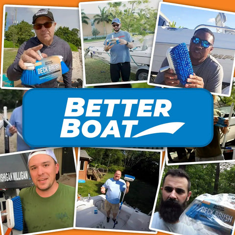 Collage of people using Medium Boat Deck Brush with Heavy Duty Marine Head, Eight Inch Bristles and Bumper