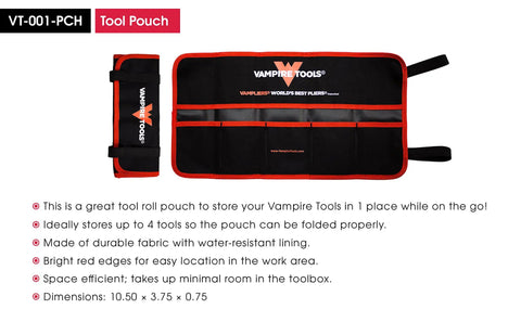 Roll-up tool pouch with red edges, slots for 4 tools; branded with "Vampire Tools" logo, shown open and closed.