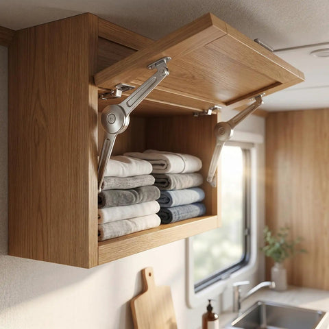 2 Pack Adjustable Lid Stay Hinges For Small Wooden Boxes And Chests, Zinc Alloy Soft Close Anti Slam Hinges, Built To Last 50lb Per Pair Lid Support For Storage Cabinets And DIY Projects installed in a wooden cabinet with neatly folded towels visible inside the cabinet.