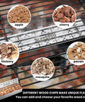 Stainless Steel Smoker Box For Gas Grilling With Double V-Shape Design And Hinged Lid filled with various wood chips on grill
