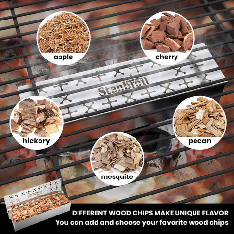 Stainless Steel Smoker Box For Gas Grilling With Double V-Shape Design And Hinged Lid filled with various wood chips on grill