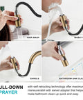 Sleek Champagne Bronze Pull Down Bathroom Faucet Featuring Twin Handles And Flexible Spray Wand Delivering Heavy Duty Performance Snug Fit On Any Widespread Sink Setup Crafted Completely Lead Free in use for hair washing.