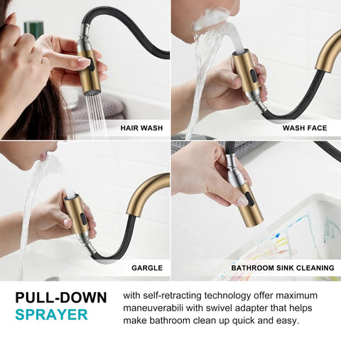 Sleek Champagne Bronze Pull Down Bathroom Faucet Featuring Twin Handles And Flexible Spray Wand Delivering Heavy Duty Performance Snug Fit On Any Widespread Sink Setup Crafted Completely Lead Free in use for hair washing.