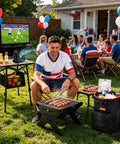 Group enjoying backyard BBQ with Portable Camping Fan With LED Lantern For Outdoor Adventures, grill, and sports on TV.