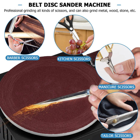 2-In-1 Mini Sander For Wood, Metal, Stone, 6-Inch Disc Plus 1.2x15-Inch Belt shown grinding scissors