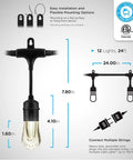 Diagram of Vintage Outdoor String Lights 24ft With 12 RGB Acrylic Bulbs showing dimensions and flexible mounting options.