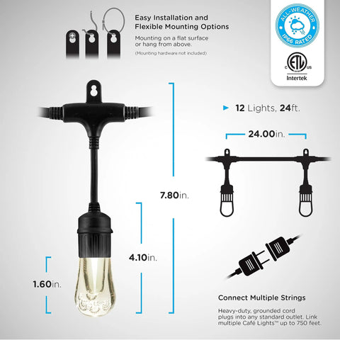 Diagram of Vintage Outdoor String Lights 24ft With 12 RGB Acrylic Bulbs showing dimensions and flexible mounting options.