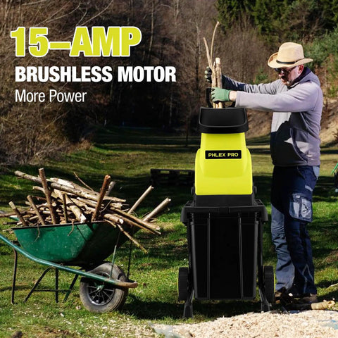 Person using Powerful 15 Amp Electric Wood Chipper Shredder with 50L Collection Bin for branches in yard