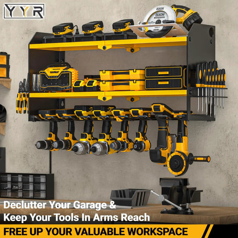 Pro Grade Power Tool Organizer With Charging Station Wall Mount And Surge Protected Power Strip For Garage Organization Cordless Drill And Battery Holder Yellow Shelf