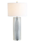 Isabella Studded Glass Table Lamp, 30-Inch Contemporary Glam Silver Leaf Base With White Linen Drum Shade, front view