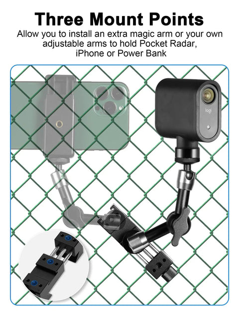 Fence Mount Live Streaming Kit For Mevo Start And GoPro On Chain Link Fences with clamp and camera mount setup.