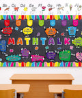 Math Talk Bulletin Board Decor Set for Teachers and Classrooms, vibrant chalkboard with colorful math-related cutouts.