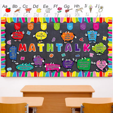 Math Talk Bulletin Board Decor Set for Teachers and Classrooms, vibrant chalkboard with colorful math-related cutouts.