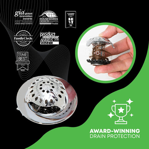 Ultra Drain Protector For Bathroom Sink Stainless Steel Includes 1.25in, 1.5in, And 1in Adapters with hair caught in mesh