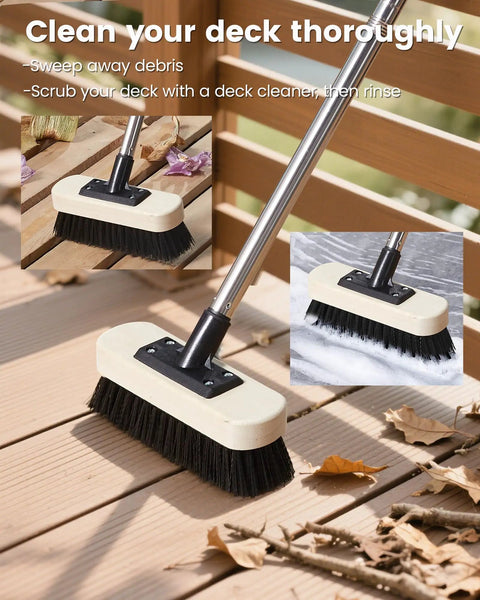 7.5-Inch Heavy-Duty Deck Brush Kit With 51 Inch Adjustable Extension Rods shown sweeping leaves on wooden deck
