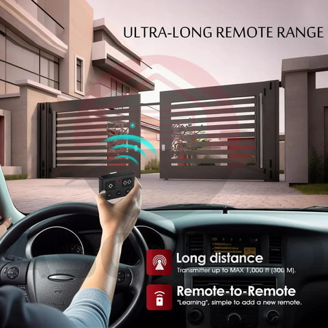 Person using 2 Pack 5 Button Gate Opener Remote Transmitter Long Range Up To 1000 Feet No Aim Needed With Wide Compatibility For DS1U DD2U