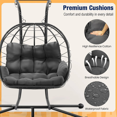 Heavy Duty 700 Lb Double Egg Chair With Stand For Indoor Or Outdoor Use Hanging Egg Chair With Armrests And Headrest UV Resistant Cushions Thick Steel Frame For Chill Comfy Lounging And Reading