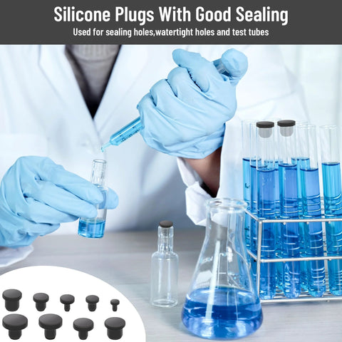 Scientist using 90 Pcs Silicone Rubber Hole Plugs Set With 9 Diameter Sizes for sealing test tubes in laboratory
