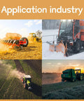 Application industry collage showing tractor equipment in field, snow, and hay work