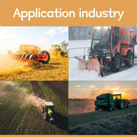 Application industry collage showing tractor equipment in field, snow, and hay work