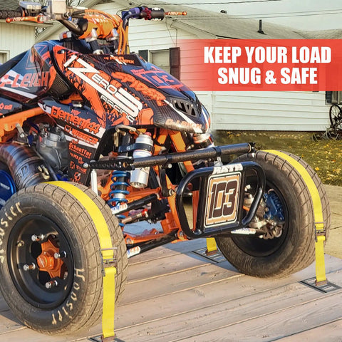 Orange ATV secured with 8 Pack 15 Foot Ratchet Straps With 1466 Lb Load Capacity And 4400 Lb Break Strength on a trailer