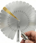 Amazon stainless steel 32-blade feeler gauge wheel front view for spark plug gaps, 0.04–0.88 mm