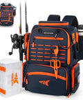 All In One Tackle Backpack With Rod Holders And Four Tackle Boxes Plus Rain Cover, 43L Of Waterproof Storage For Fishing Gear In Bright Orange, Durable Nylon Oxford Fabric With Soft Plastic Pockets And PVC Pocket System, showing front view with accessories.