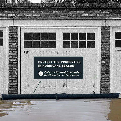 Water Activated Flood Barriers for Doors protecting garage entrance against rain, 1 ft by 2 ft sandless flood bags, pack of six